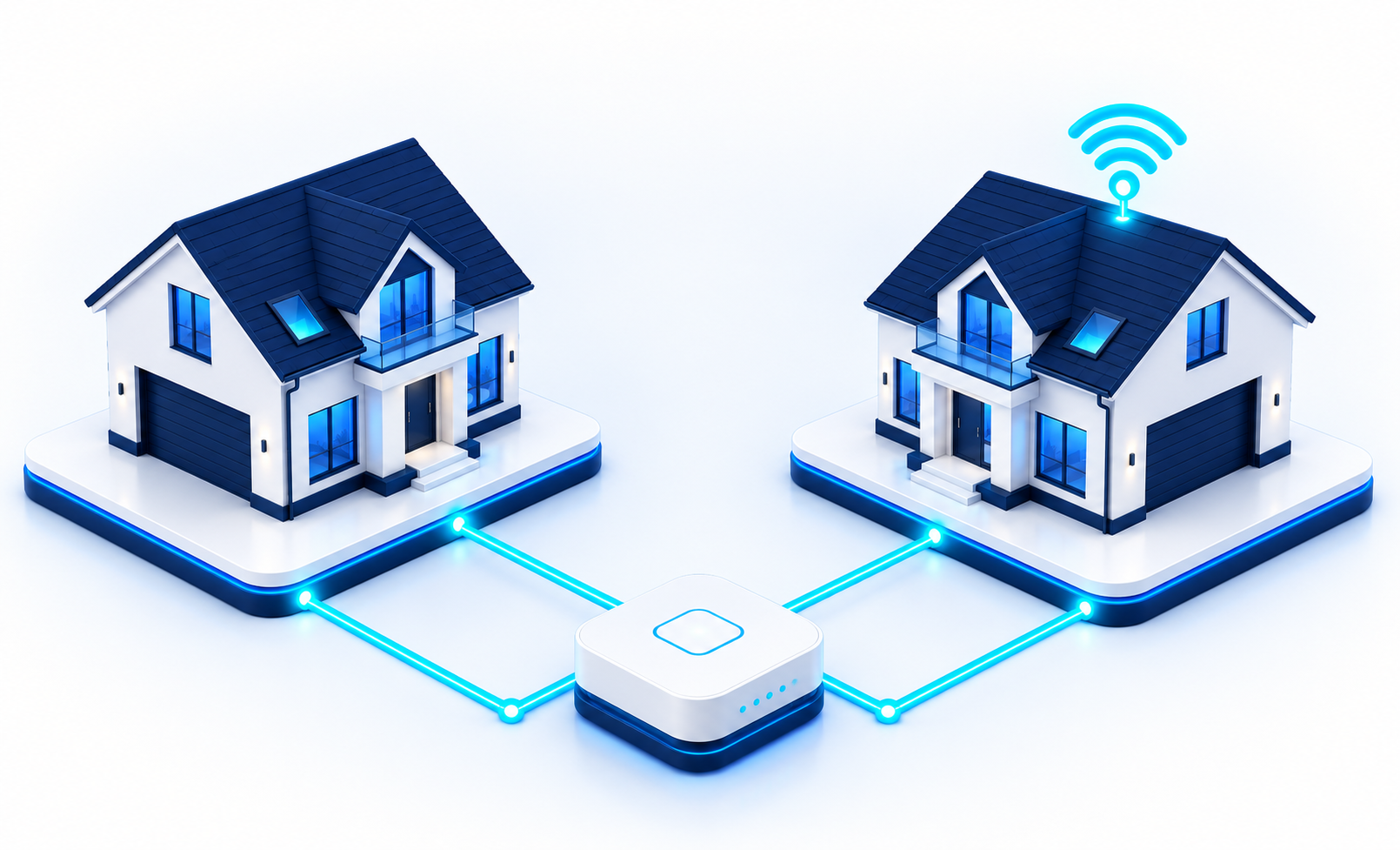 两栋住宅通过路由器和青蓝色网络线路连接，屋顶显示 WiFi 信号